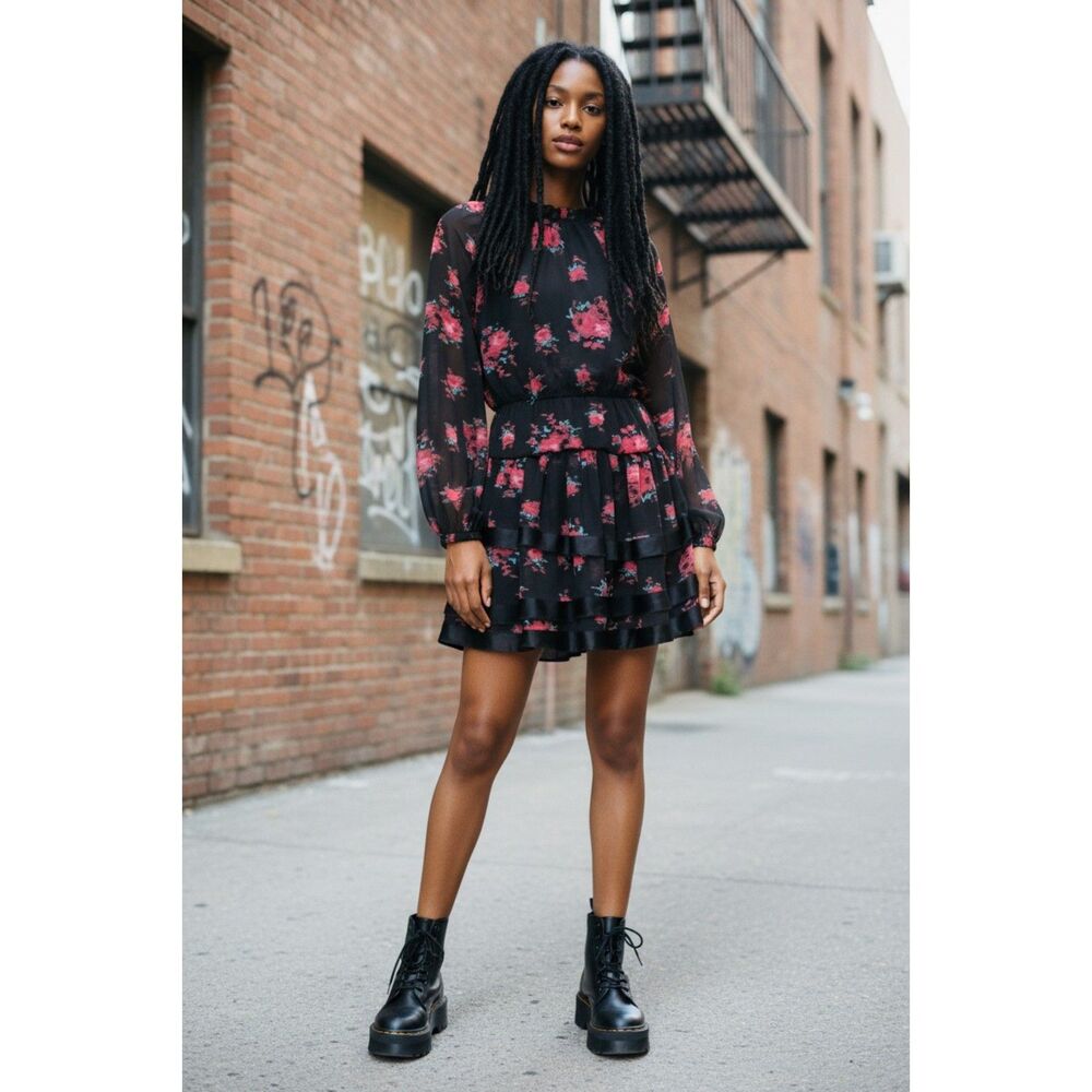 Sam Edelman Black Floral Chiffon Tiered Ruffle Mini Dress Size M